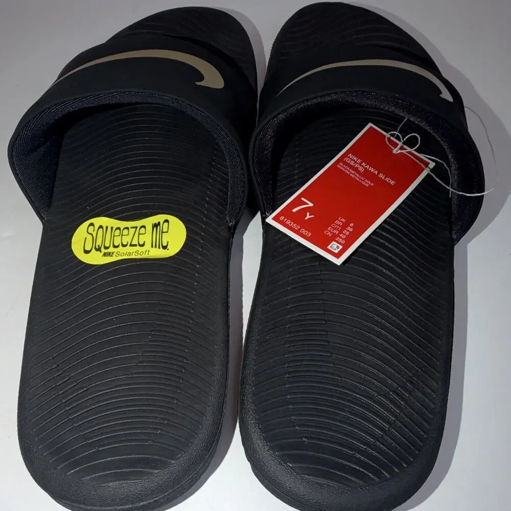 Nike Kawa Slide (GS/PS) Slide Sandal Slip On Black/Gold Kids 7Y 819352-003